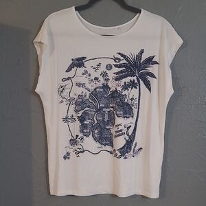Tommy Bahama White and Blue Tropical Graphic Tee L